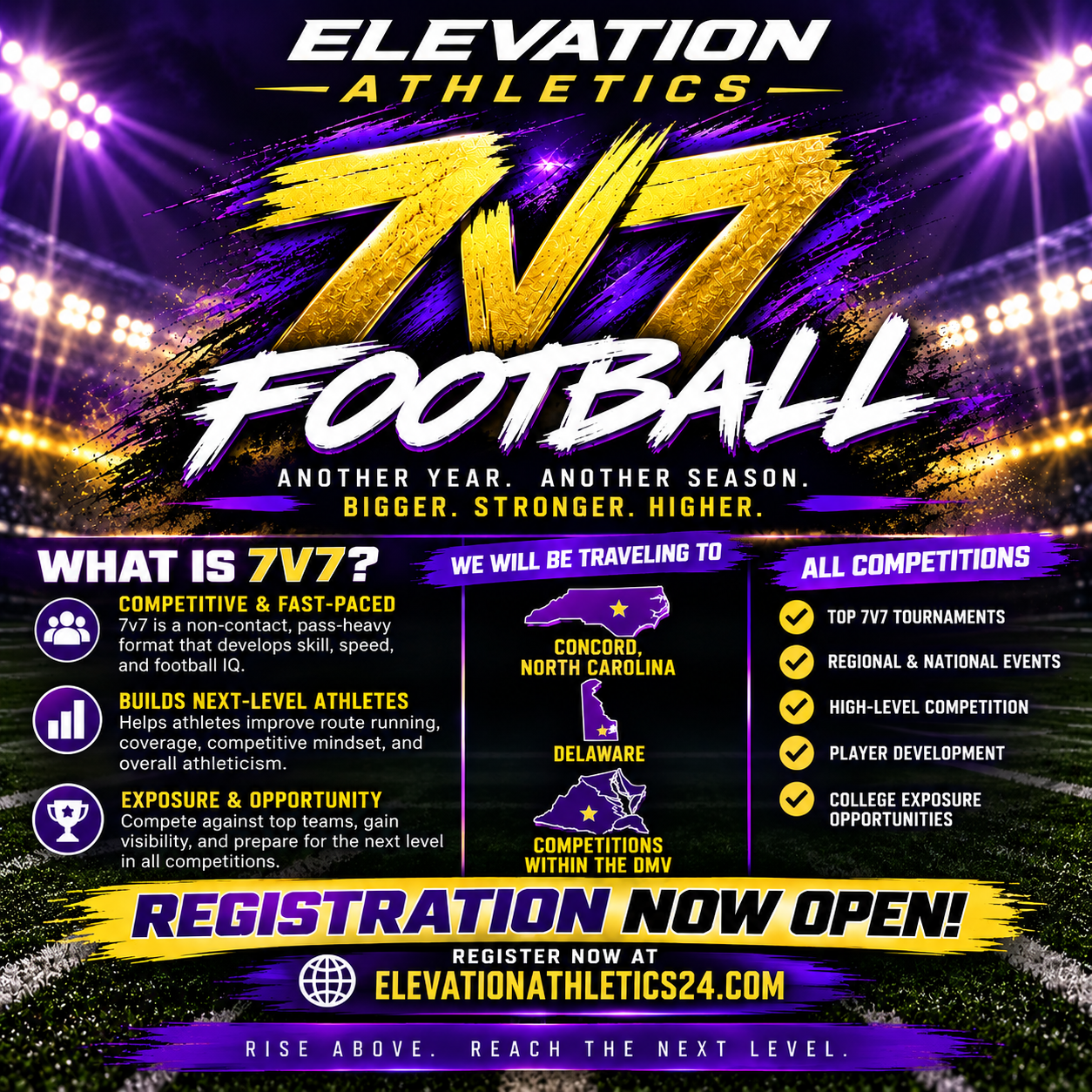 Elevation Athletics 7v7 Football — registration now open for the new season.
